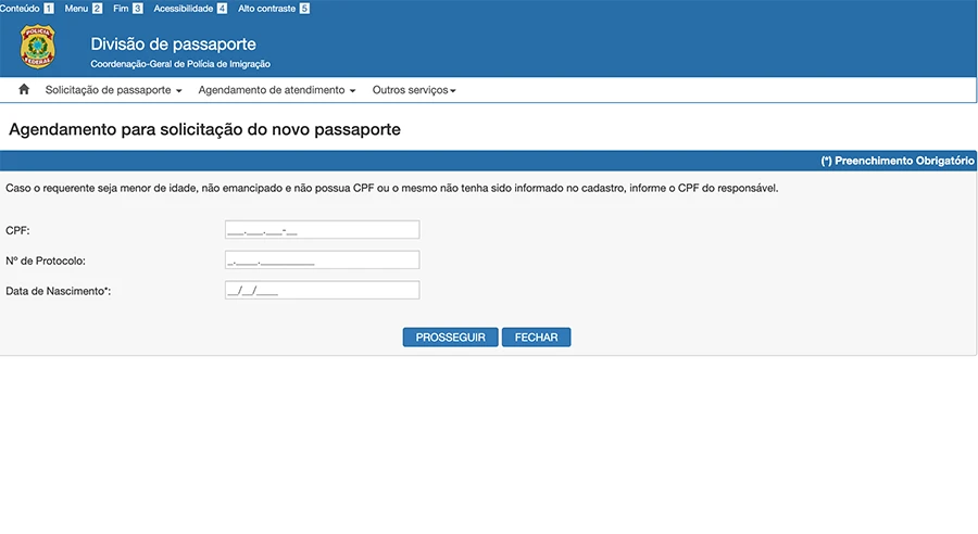 Captura de tela da página de agendamento da Polícia Federal