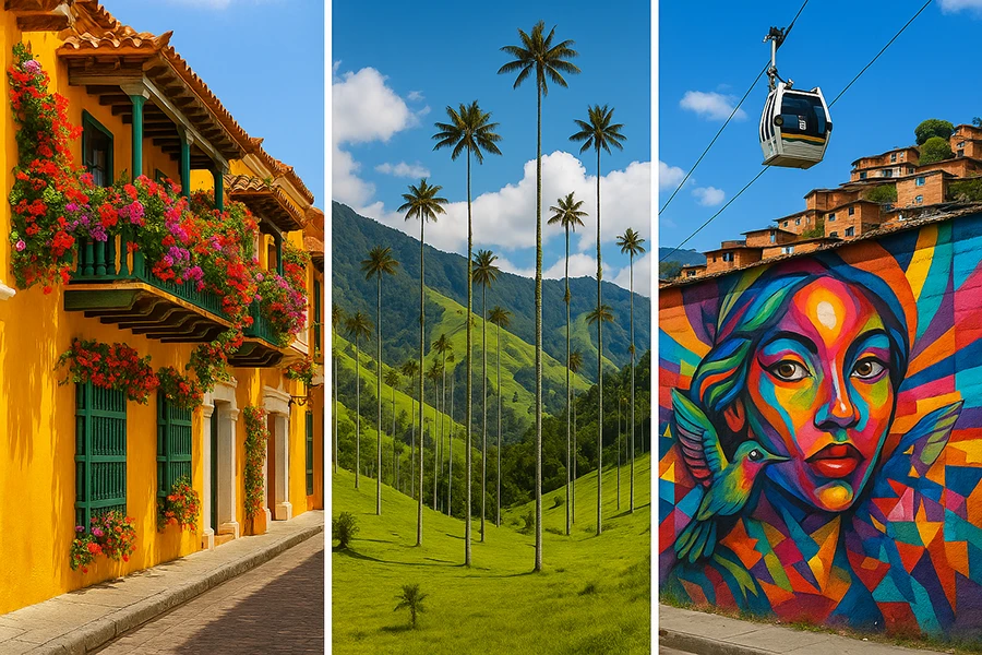 montagem horizontal com 3 fotos vibrantes: Uma rua colorida com sacadas floridas dentro da Cidade Murada de Cartagena; As altíssimas palmeiras de cera no verde exuberante do Valle de Cocora; Um grafite expressivo e colorido na Comuna 13 em Medellín, talvez com o Metrocable ao fundo.