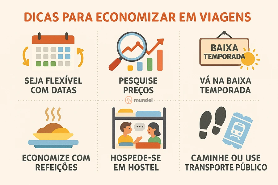 Infográfico visualmente atraente, com ícones coloridos e texto curto para cada dica: 1. Calendário com setas flexíveis. 2. Lupa sobre um gráfico de preços. 3. Placa de "Baixa Temporada" com sol. 4. Prato de comida fumegante em um balcão simples. 5. Beliche de hostel com pessoas conversando. 6. Pegadas e um bilhete de ônibus/metrô.
