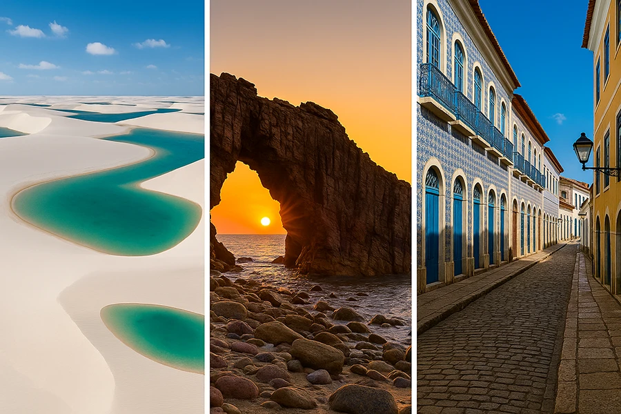 Montagem horizontal com 3 fotos características: Uma panorâmica das dunas e lagoas azuis/verdes dos Lençóis Maranhenses; A Pedra Furada em Jericoacoara com o sol se pondo ao fundo; Uma rua com os casarões coloniais e azulejos típicos do Centro Histórico de São Luís.