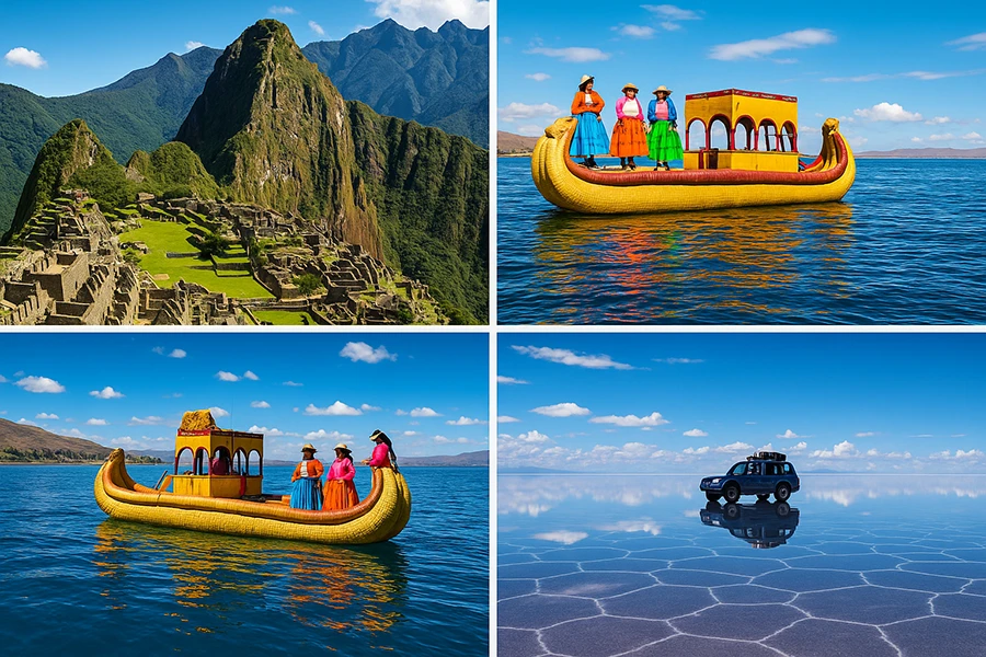 Montagem vibrante com 3 fotos icônicas: A clássica vista de Machu Picchu com a montanha Huayna Picchu ao fundo; um barco de totora navegando no azul intenso do Lago Titicaca com mulheres locais em trajes coloridos; e o efeito espelhado ou o chão hexagonal de sal do Salar de Uyuni com um jipe 4x4 ao longe.